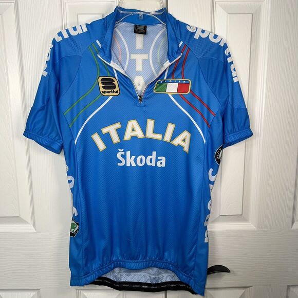 Sportful Italia Skoda Cycling Jersey Blue Short Sleeve Full Zip Racing Mens XL - Picture 1 of 7